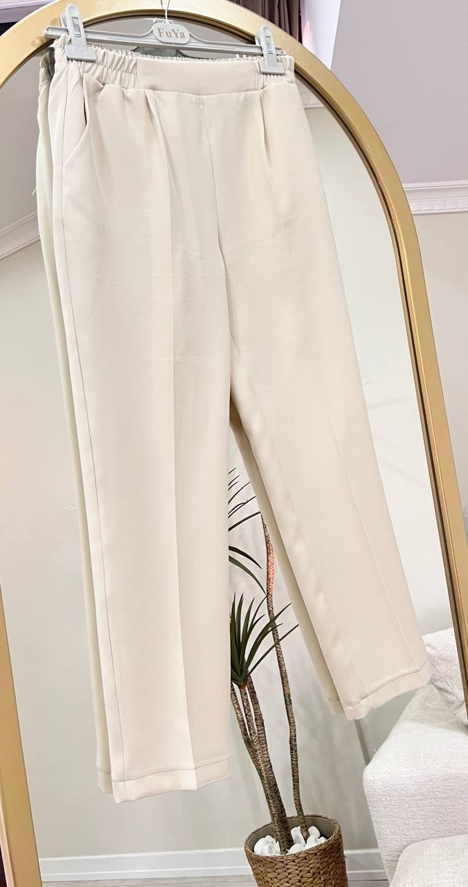 9400 - Beli Lastikli Kumaş Pantolon - Bej