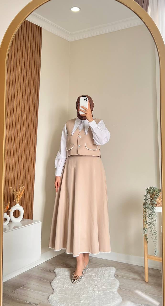 9837 - Midye Yelekli Takım - Krem