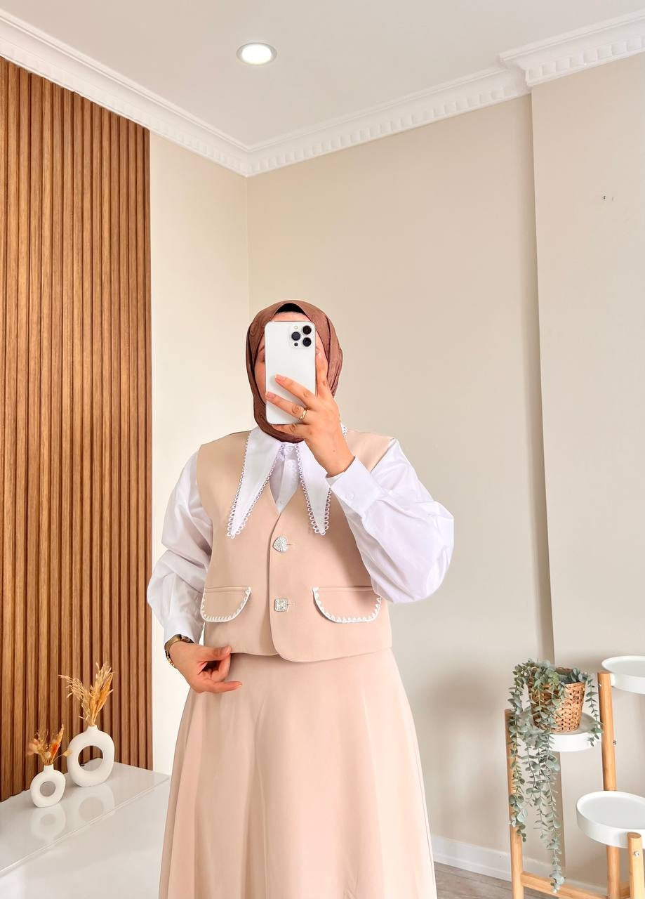 9837 - Midye Yelekli Takım - Krem