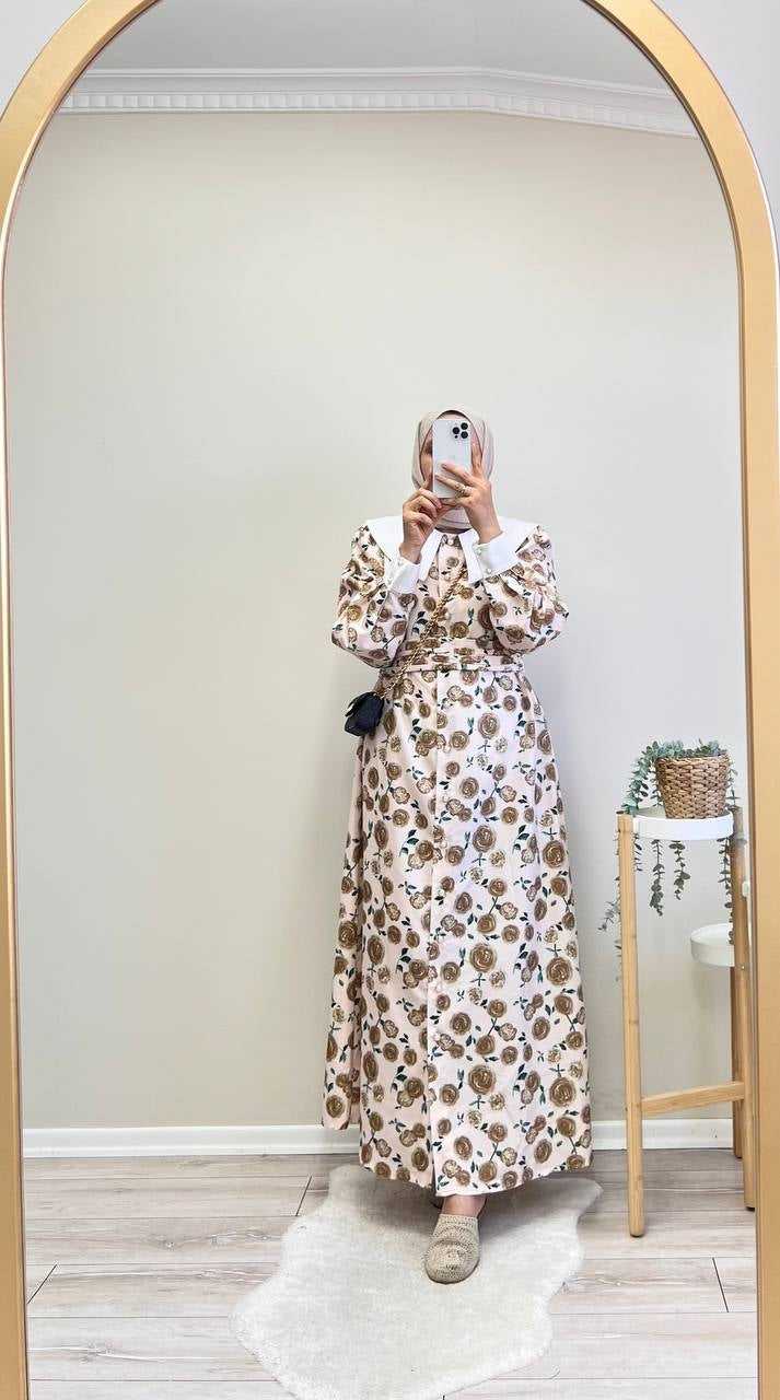 9998 - Çiçek Desenli Yakalı Elbise - Kahve rengi