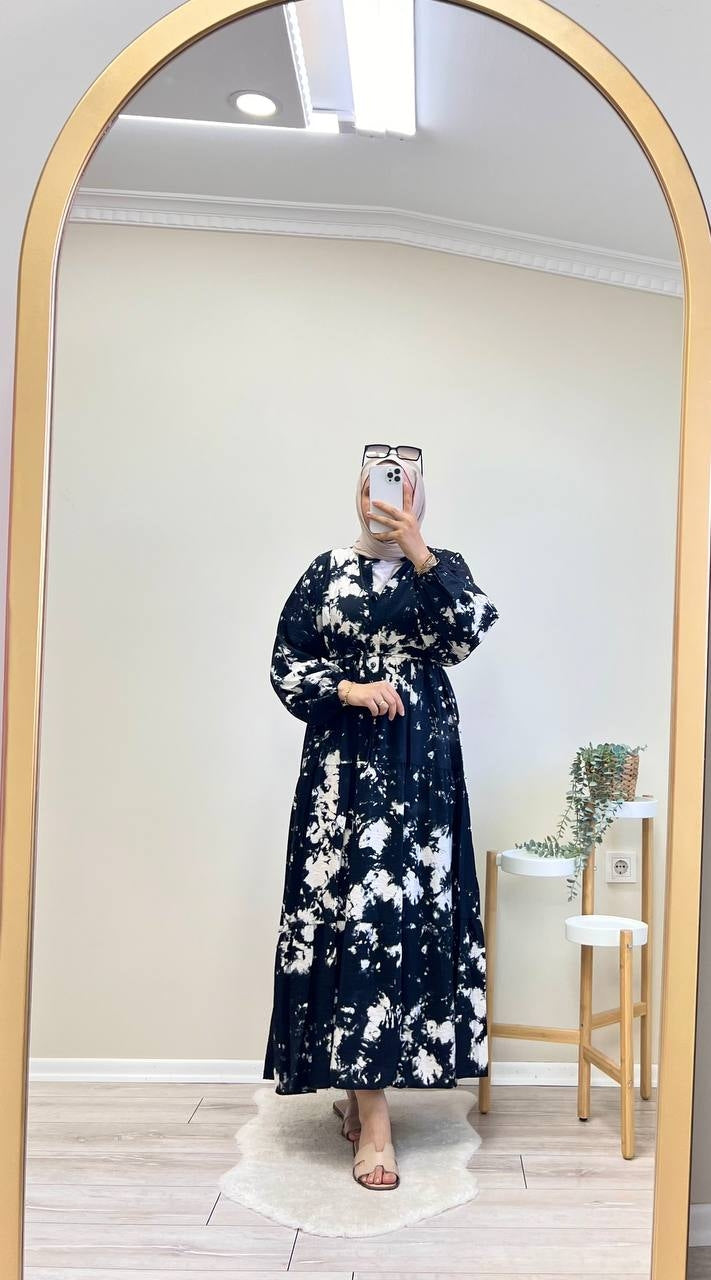 1809- Bulut Desen Elbise -Siyah