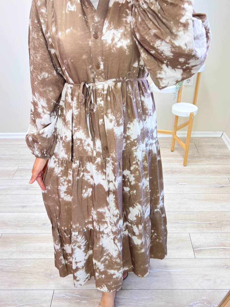 1809 - Bulut Desen Elbise - Kahve