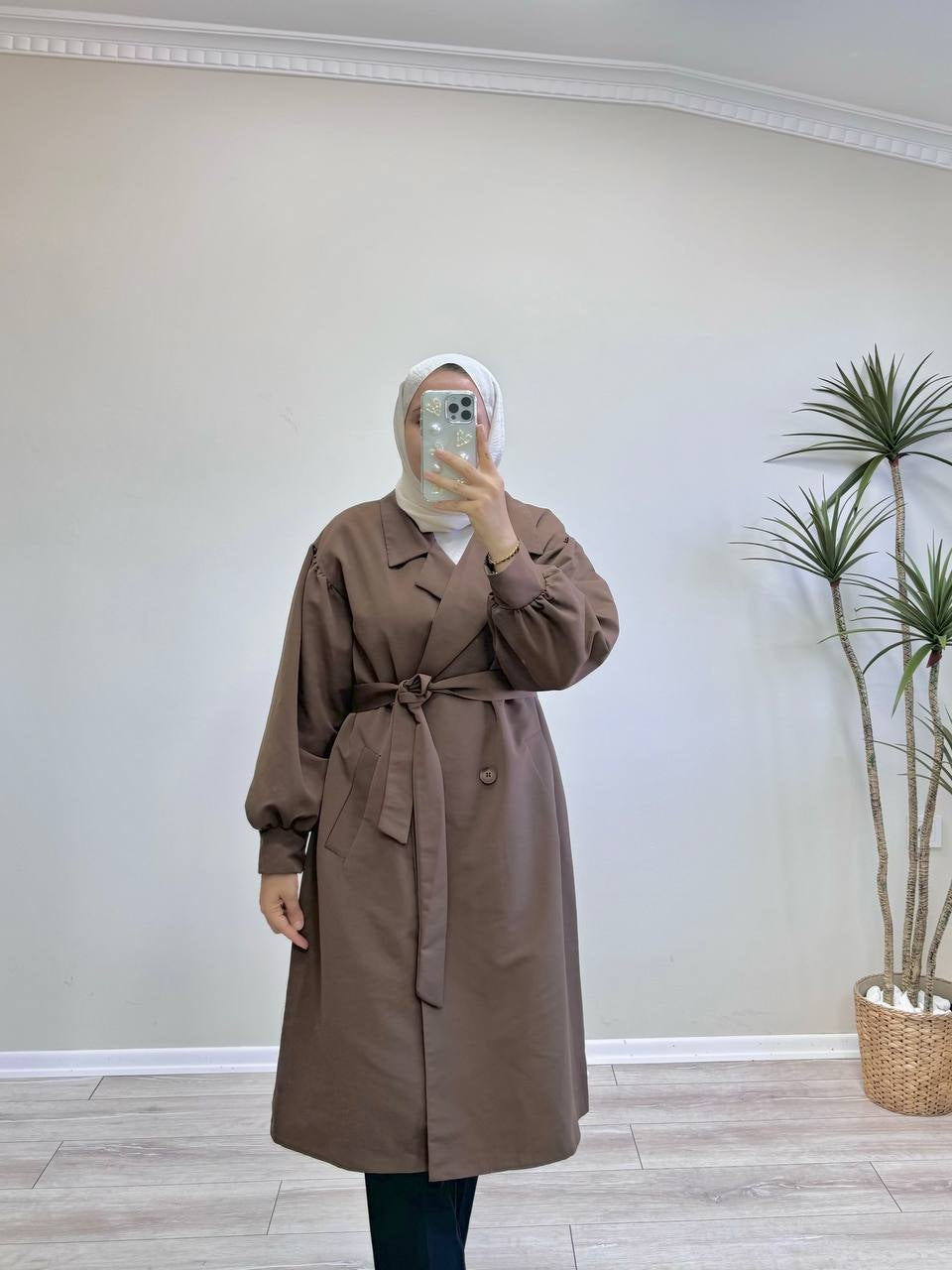 8663 Balon Kol Trençkot - Kahverengi