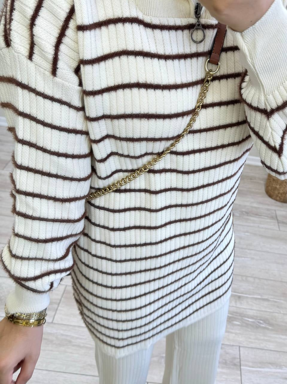 0512 - Çizgili Pant. Takım - Krem