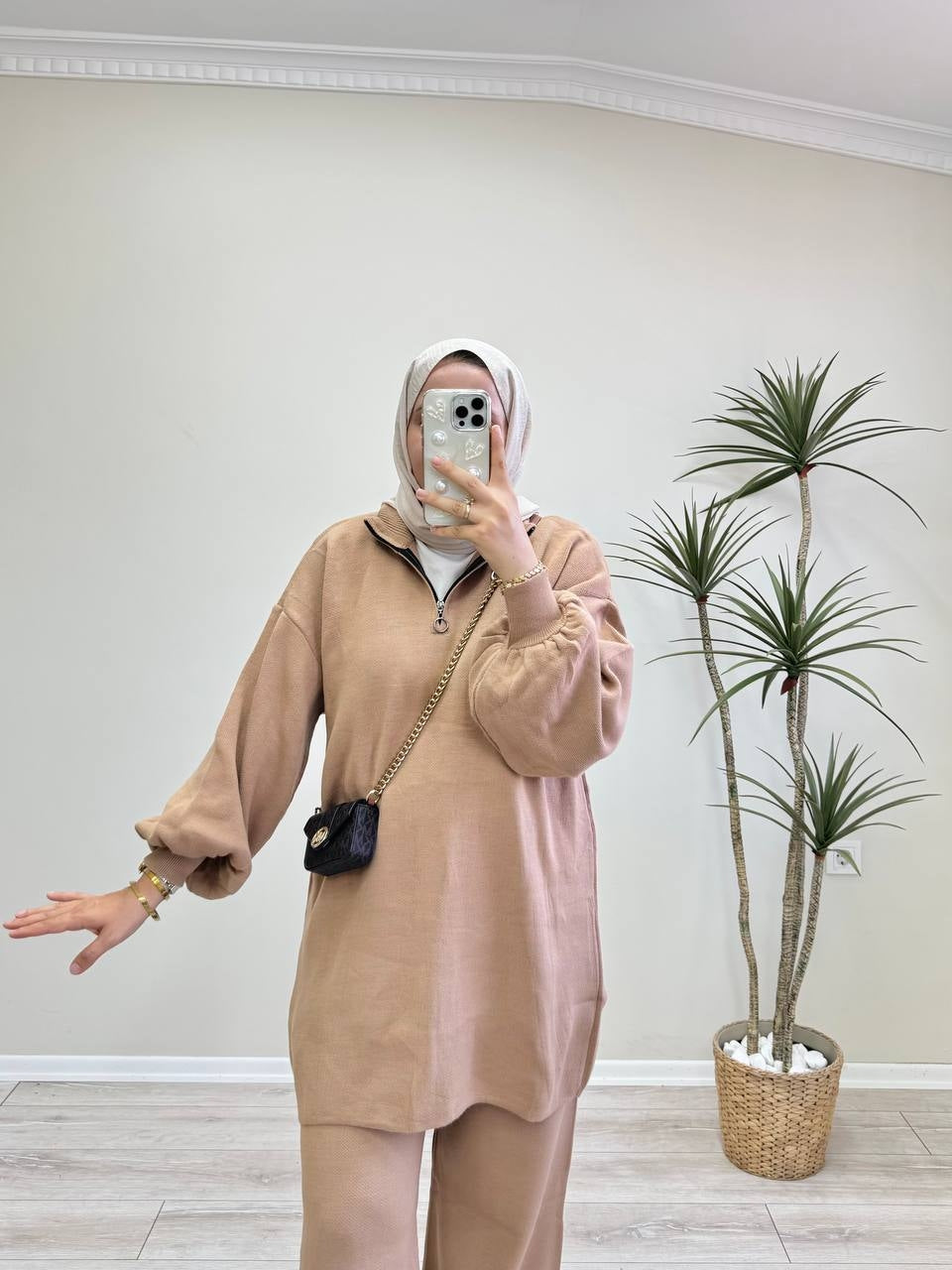 0529 - Düz Triko Pant. Takım - Camel