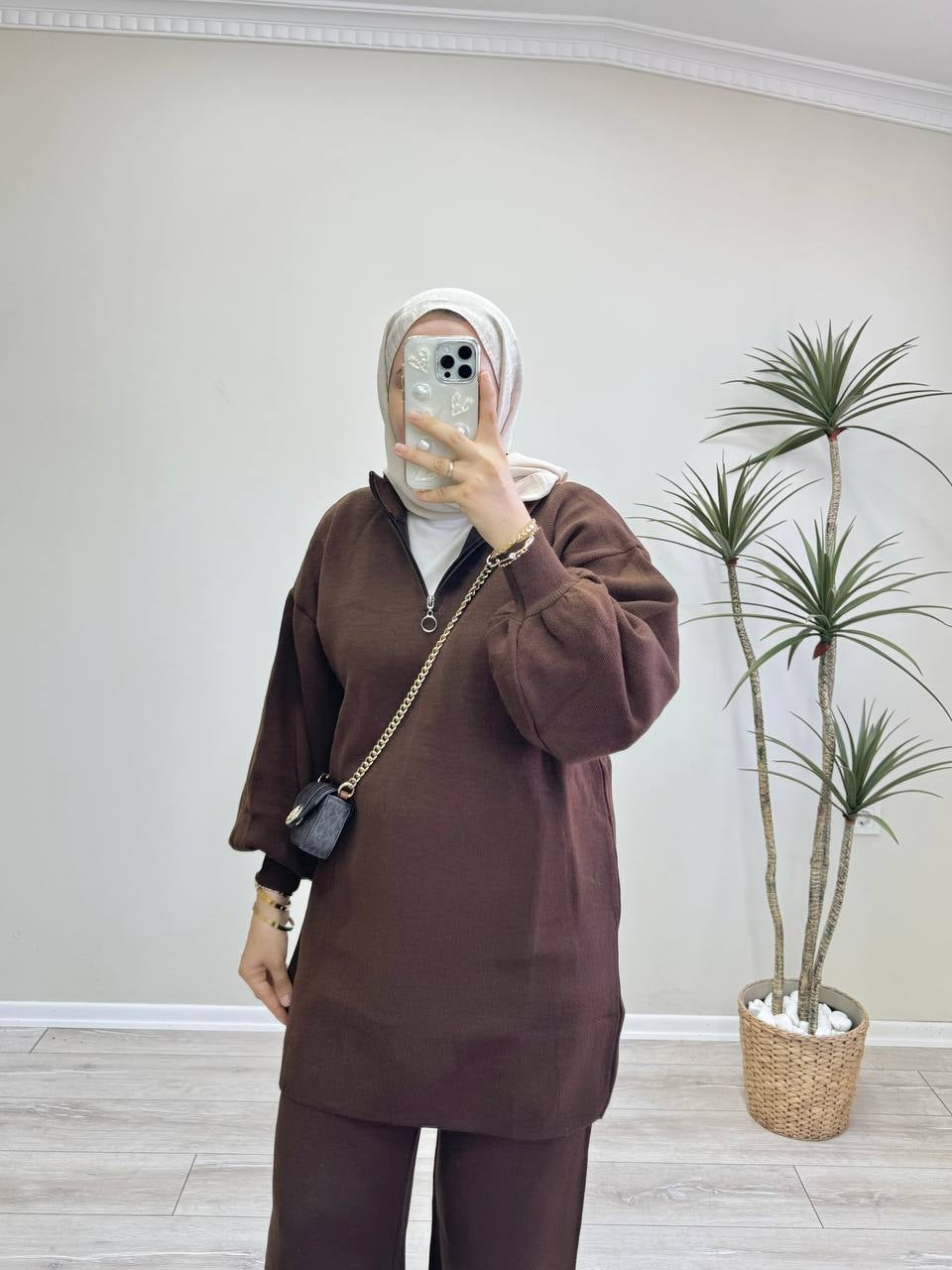 0529 - Düz Triko Pant. Takım - Kahverengi