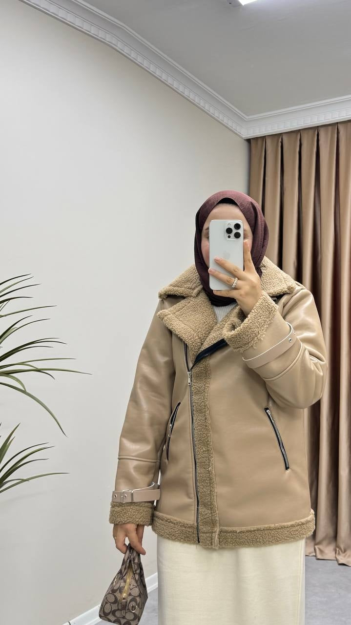 0581 - Kürklü Deri Mont - Bej