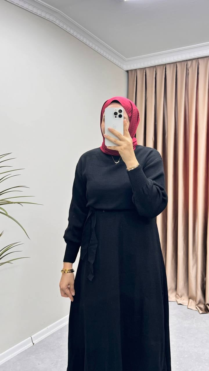 0697 - Bağlamalı Triko Elbise - Siyah