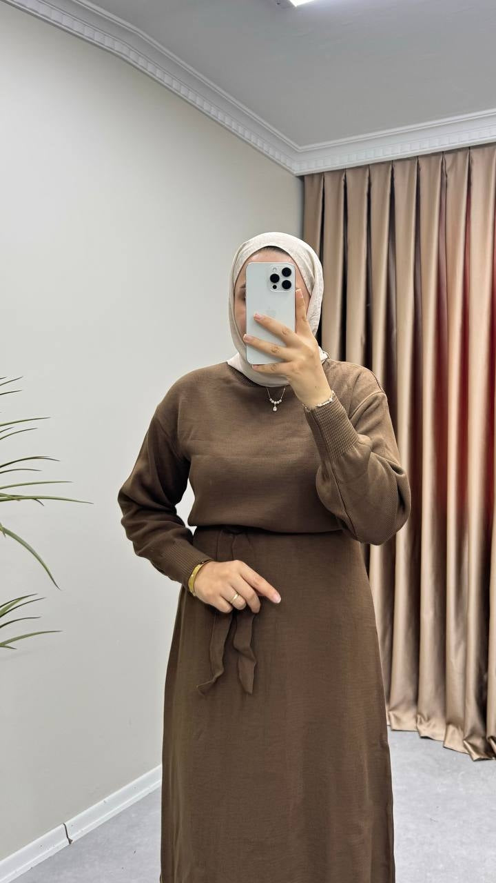 0697 - Bağlamalı Triko Elbise - Kahverengi