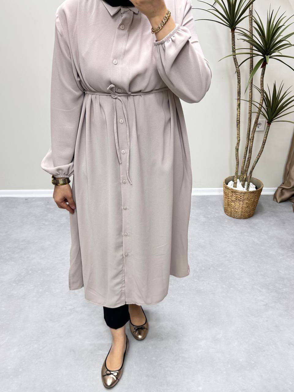 9509 - Uzun Bağlamalı Gömlek - Vizon