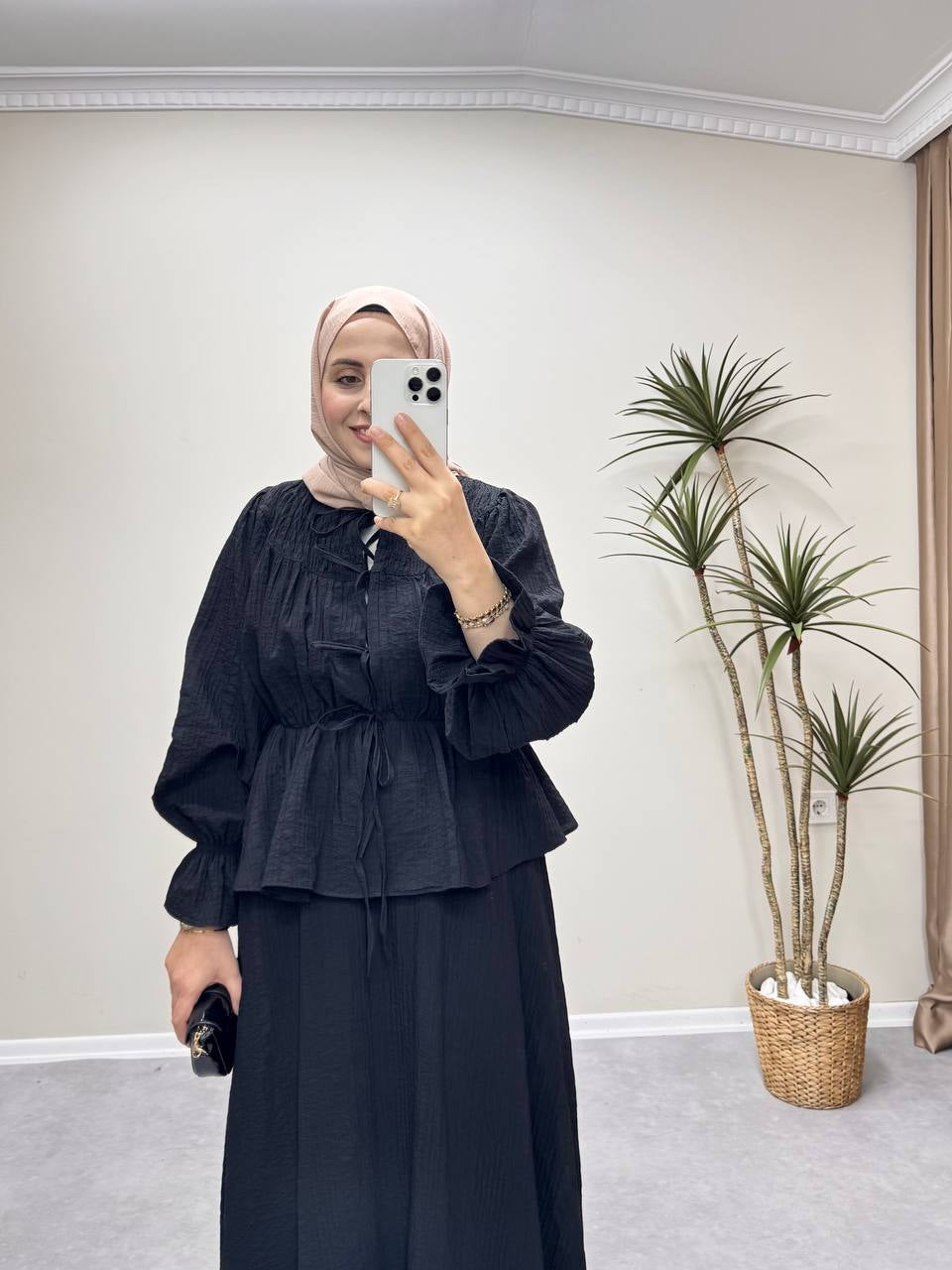 1229 - Büzme Bağlamalı Etek Takım - Siyah