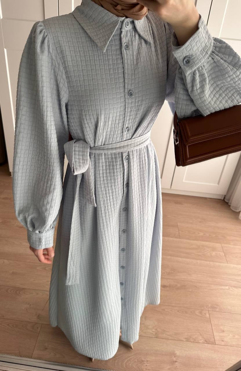 1298 - Düğmeli Gofre Elbise - Bebe Mavi