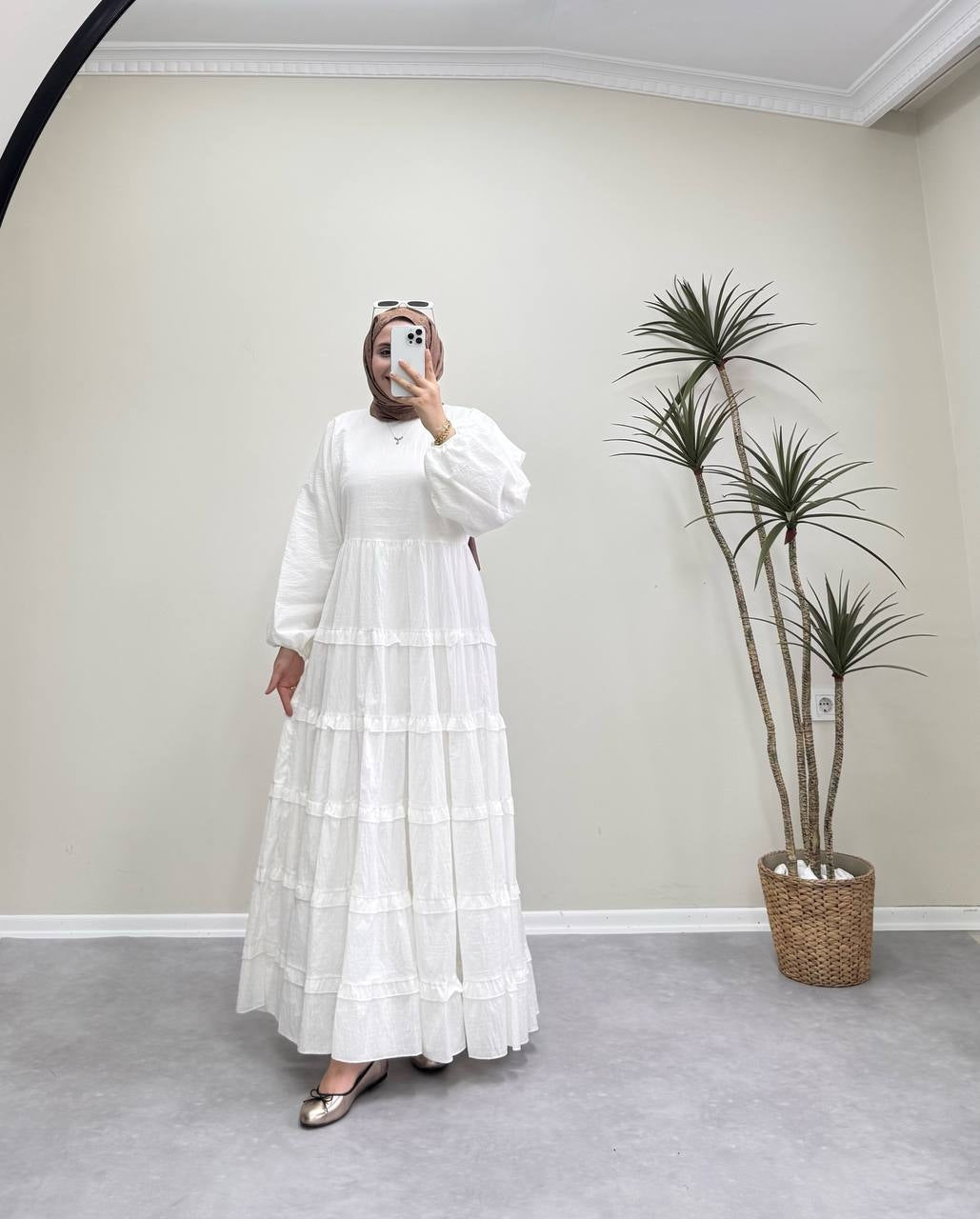 1373 - Fırfır Elbise -Beyaz