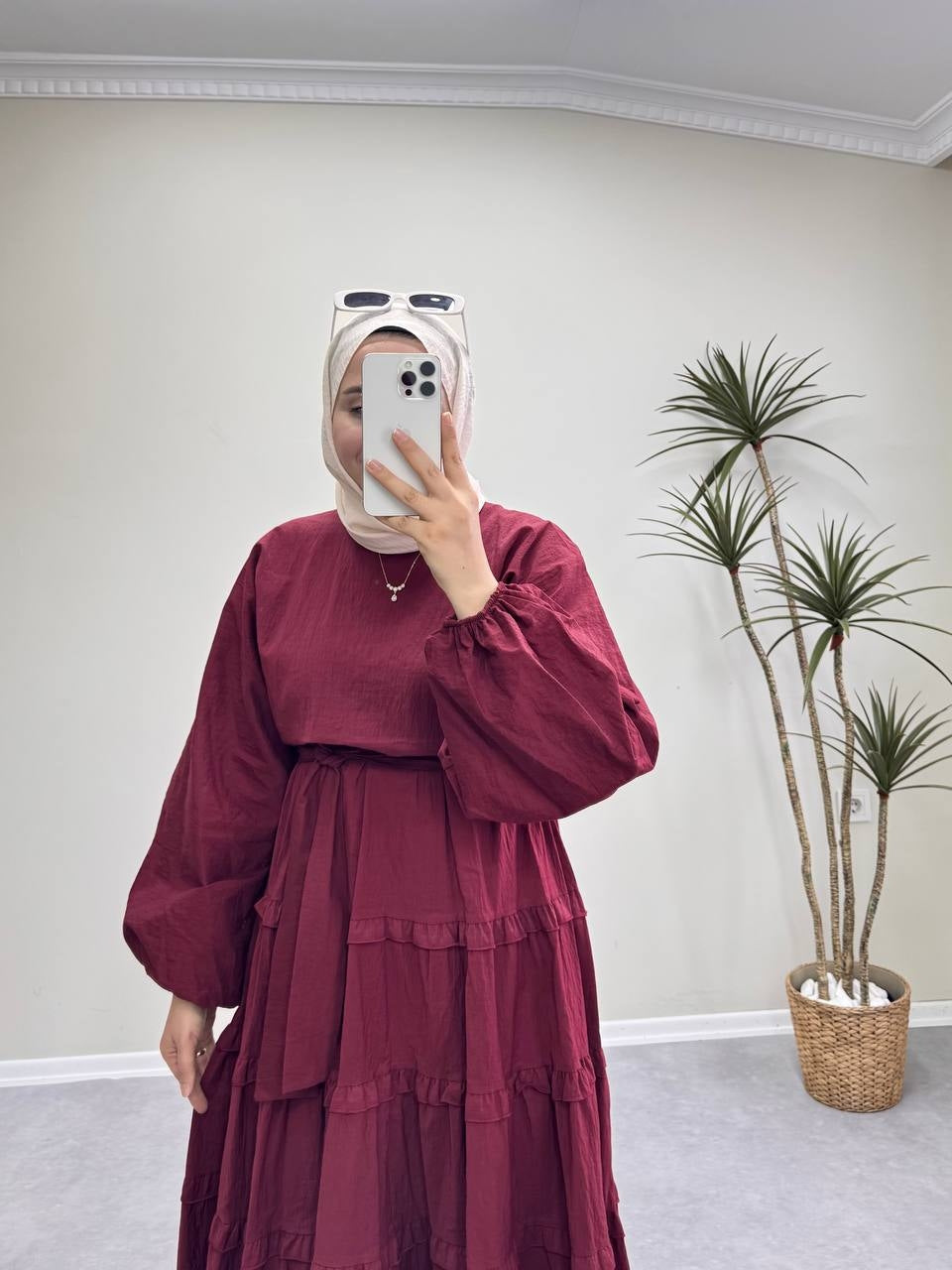 1373 - Fırfır Elbise -Bordo