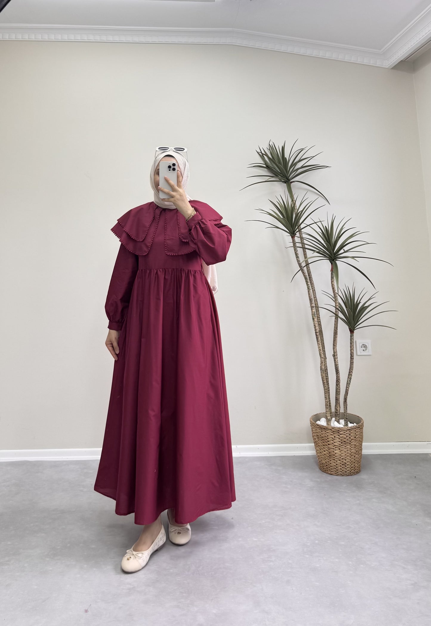 1502 - Geniş Yakalı Elbise - Bordo