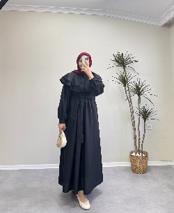 1502 - Geniş Yakalı Elbise - Siyah