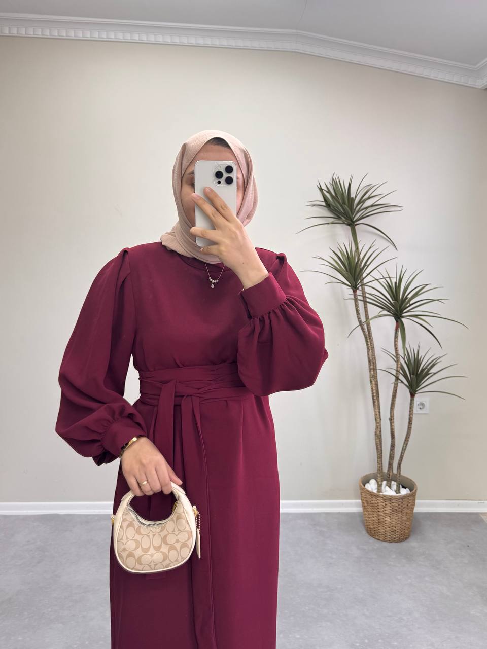 7154 - Kemerli Kalem Elbise - Bordo