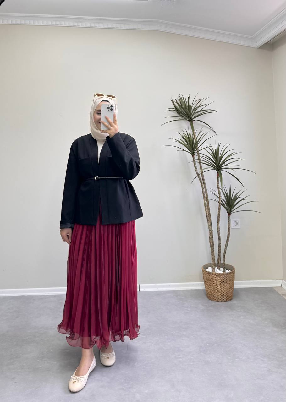 1649 - Fırfırlı Pileli Etek - Bordo