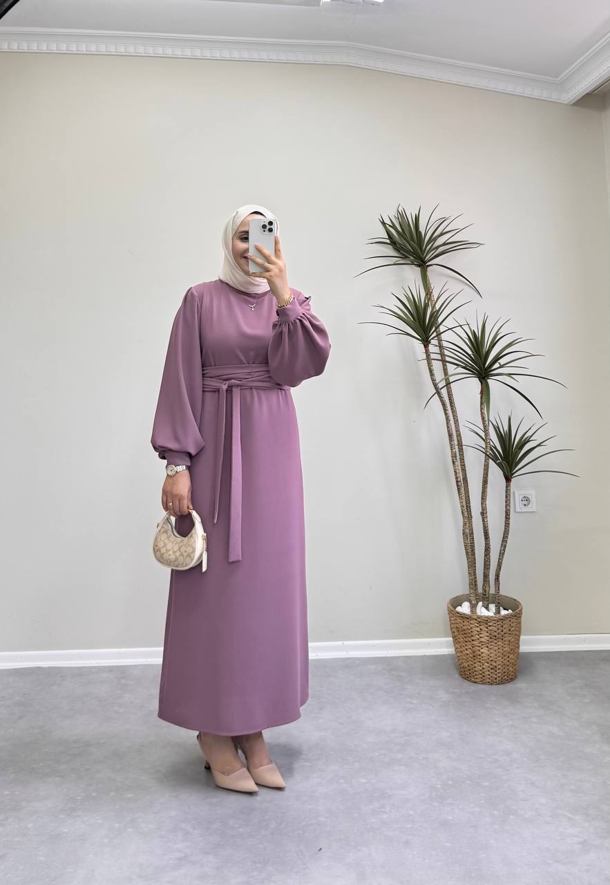 7154 - Kemerli Kalem Elbise - Gül kurusu