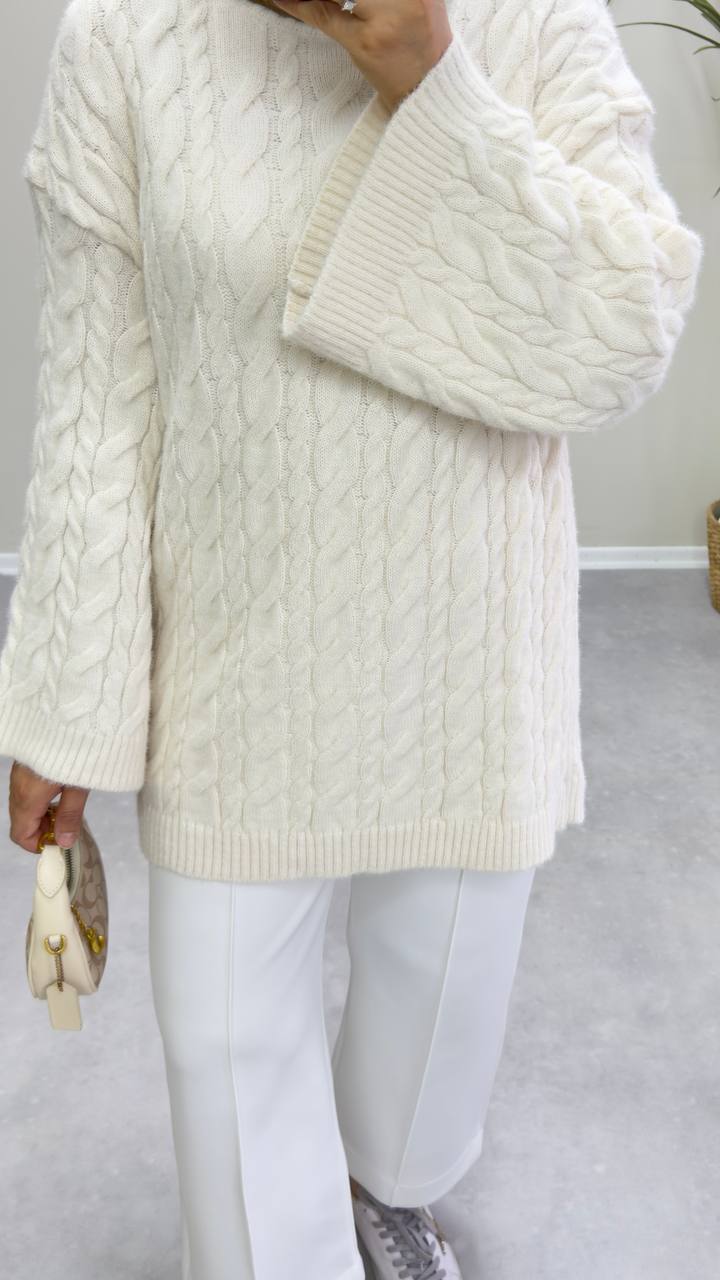 2653 - Örgülü Triko Kazak - Krem