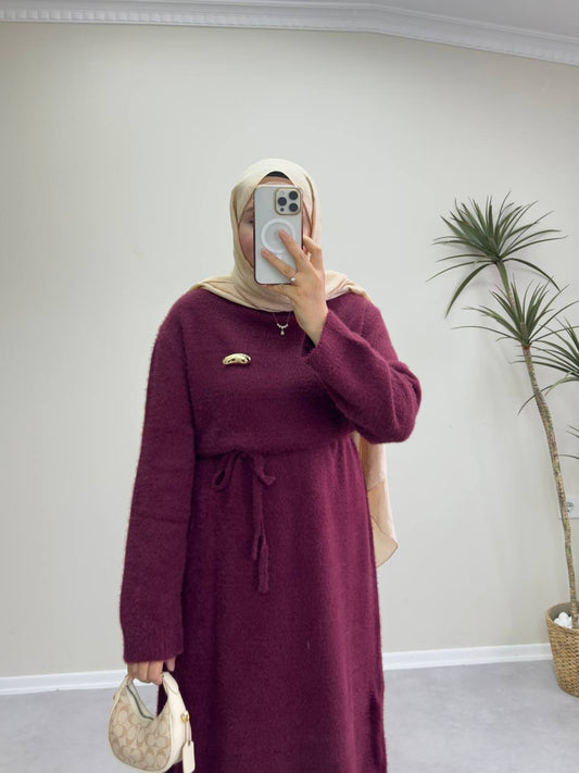 2660 - Broşlu Triko Elbise - Bordo