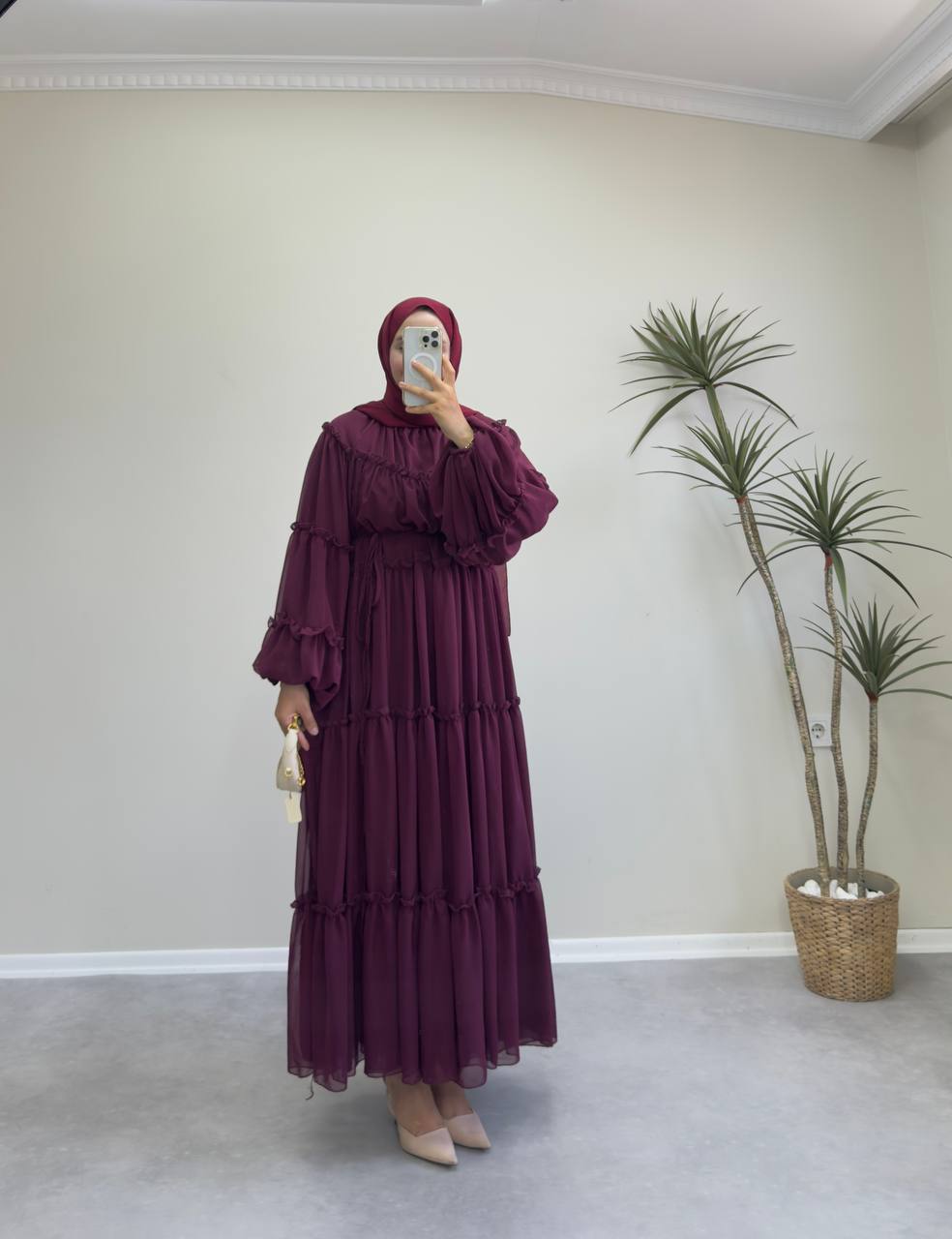 2165 -Fırfır Şifon Elbise - Bordo