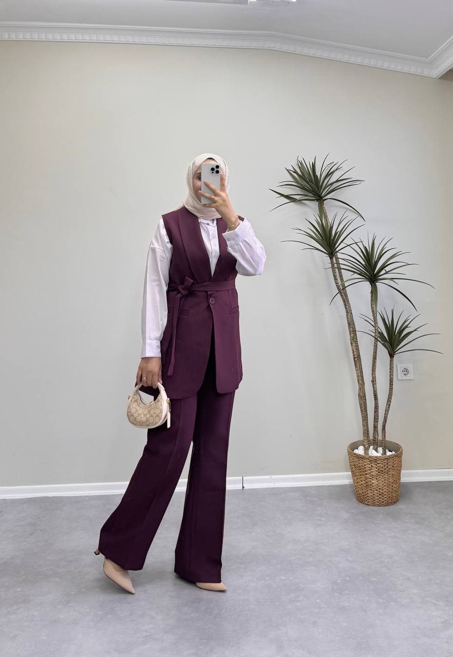 1656 - Şal Yaka Yelekli Pantolon Takım - Bordo