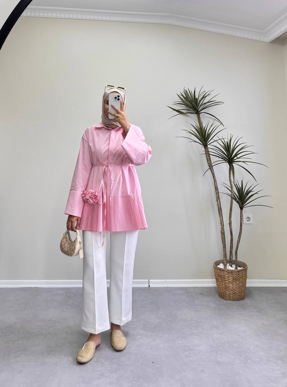 1724 - Çiçek Detaylı Pileli Tunik - Pembe