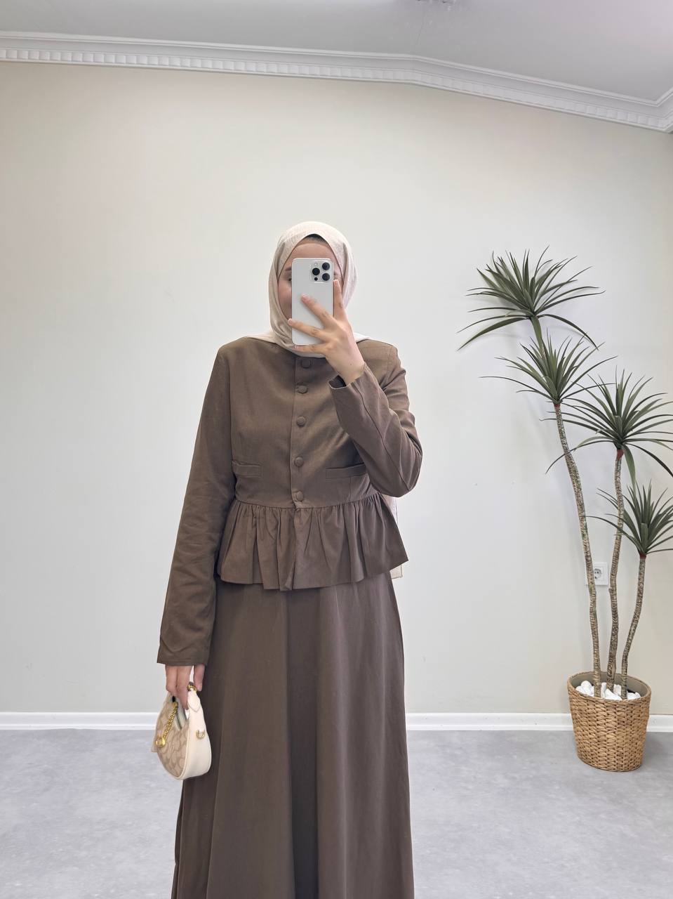 1830 - Düğmeli Keten Etek Takım - Kahverengi