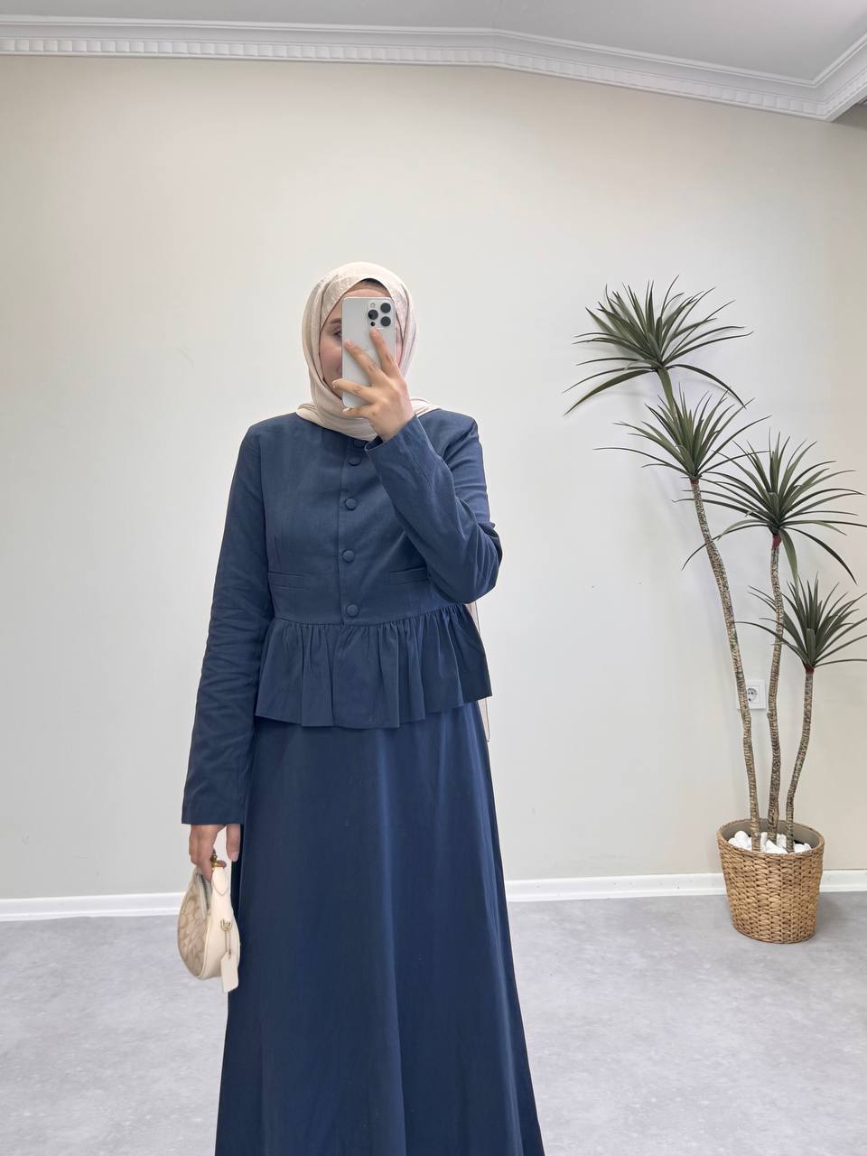 1830 - Düğmeli Keten Etek Takım - Lacivert