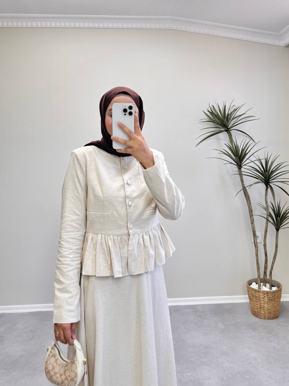 1830 - Düğmeli Keten Etek Takım - Bej