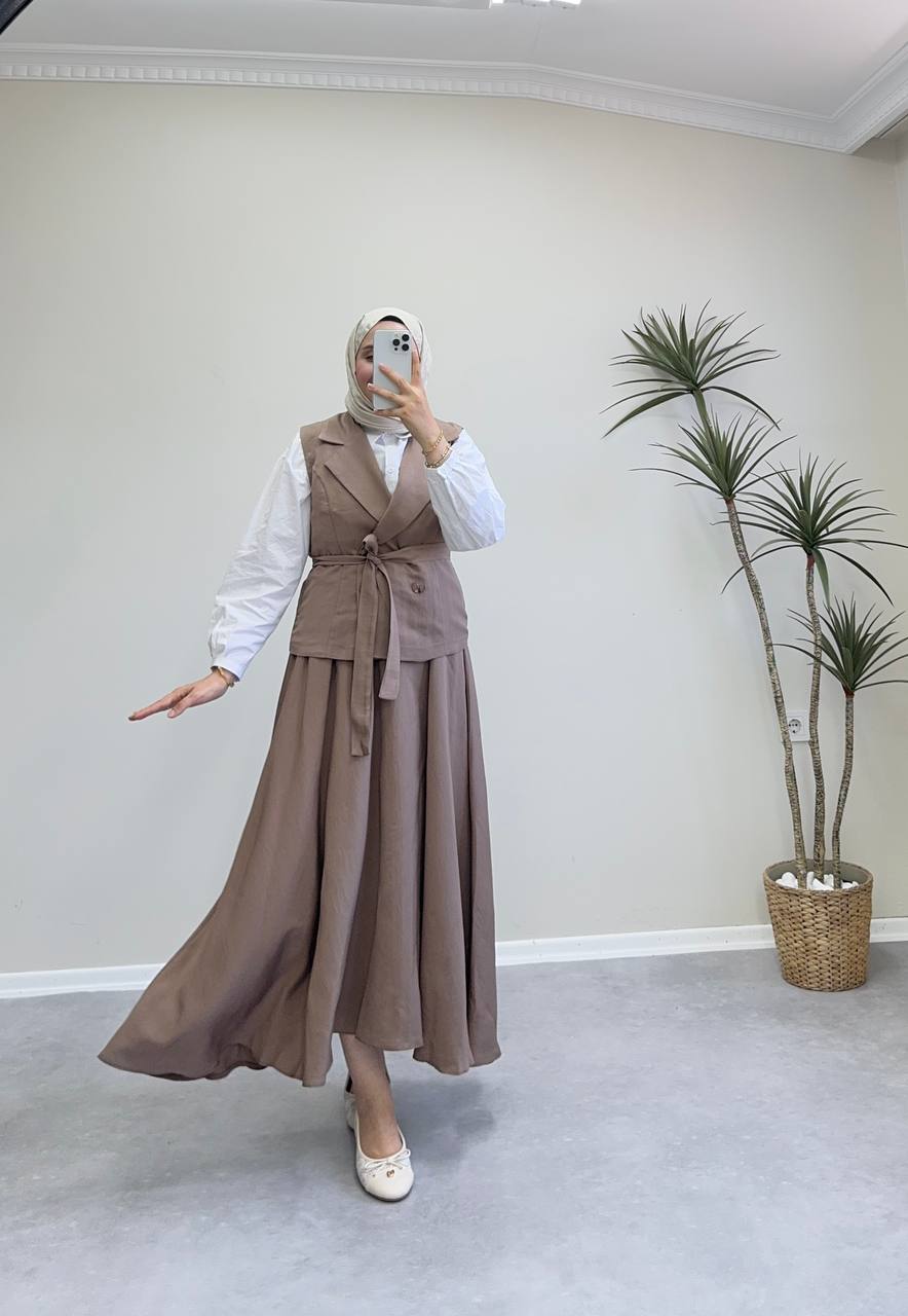 1915 - Yelekli Etek Takım - Kahve