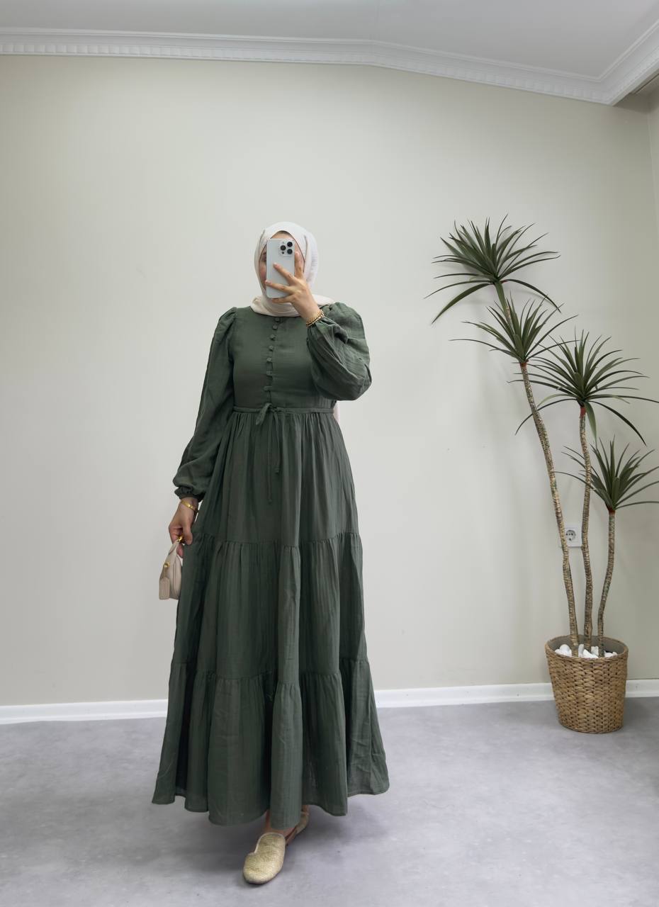 1984 - Düğmeli Müslin Elbise - Yeşil