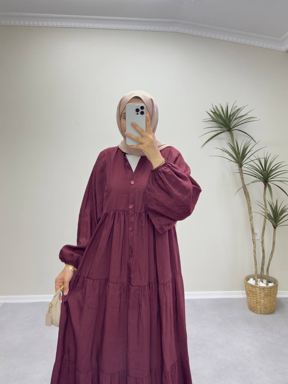 1878 - Düz Tencel Elbise - Bordo