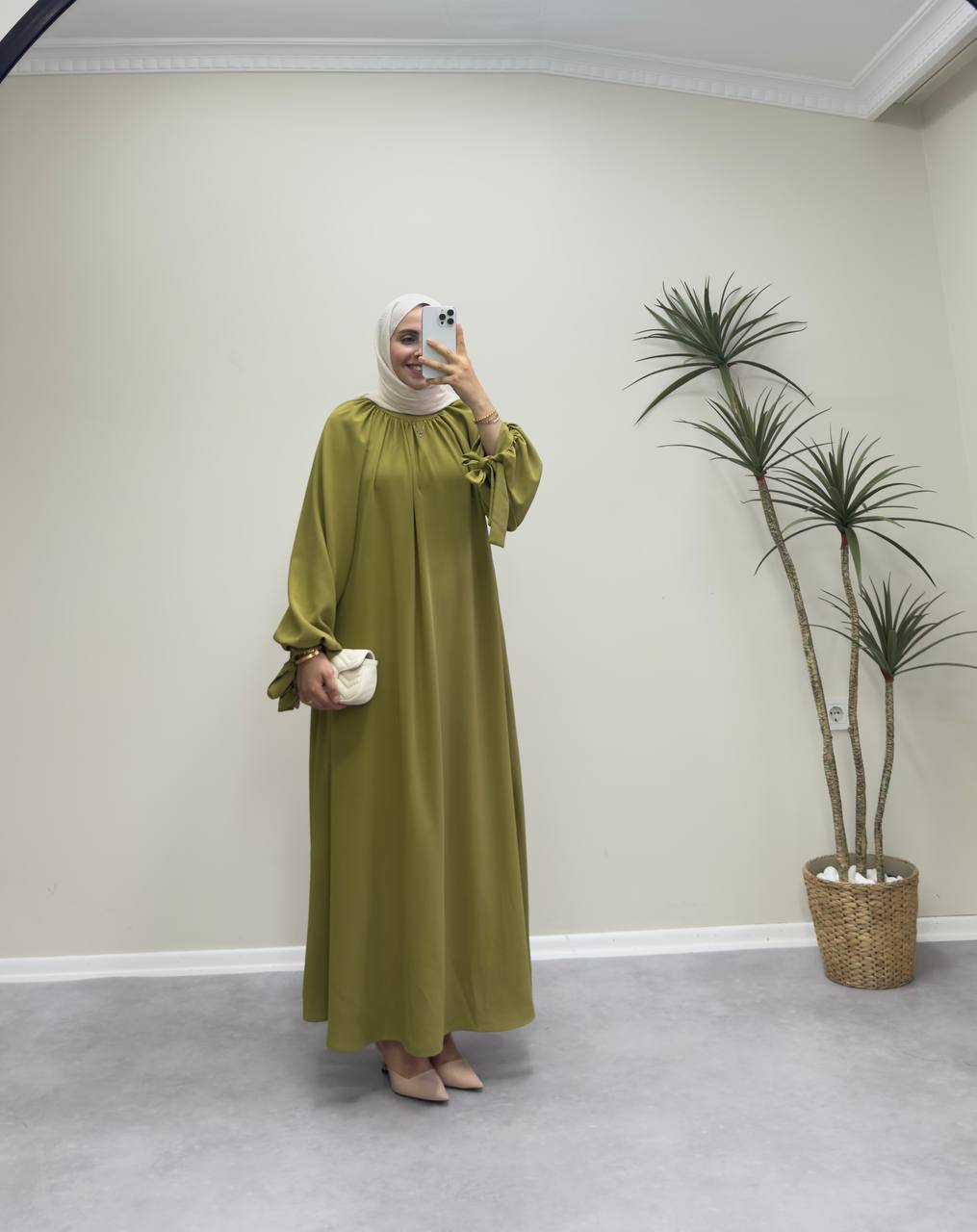 0116 - Kolu Bağlamalı Elbise - Yağ Yeşil