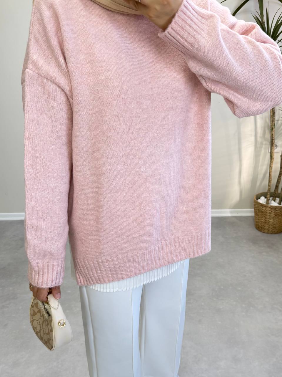 2820 - Düz Basıc Kazak - Pembe