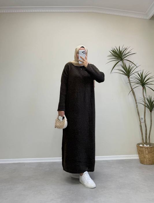 2868 - Yünlü Triko Elbise - Acı Kahve