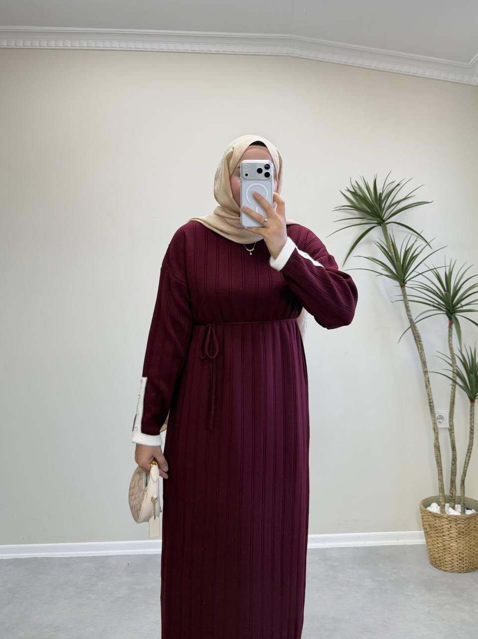 2851 - Kolu Taşlı Triko Elbise - Bordo