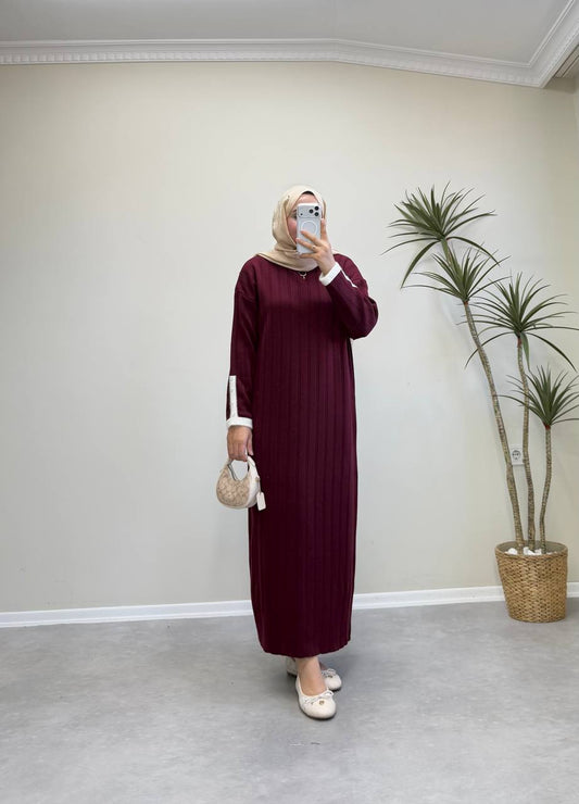 2851 - Kolu Taşlı Triko Elbise - Bordo