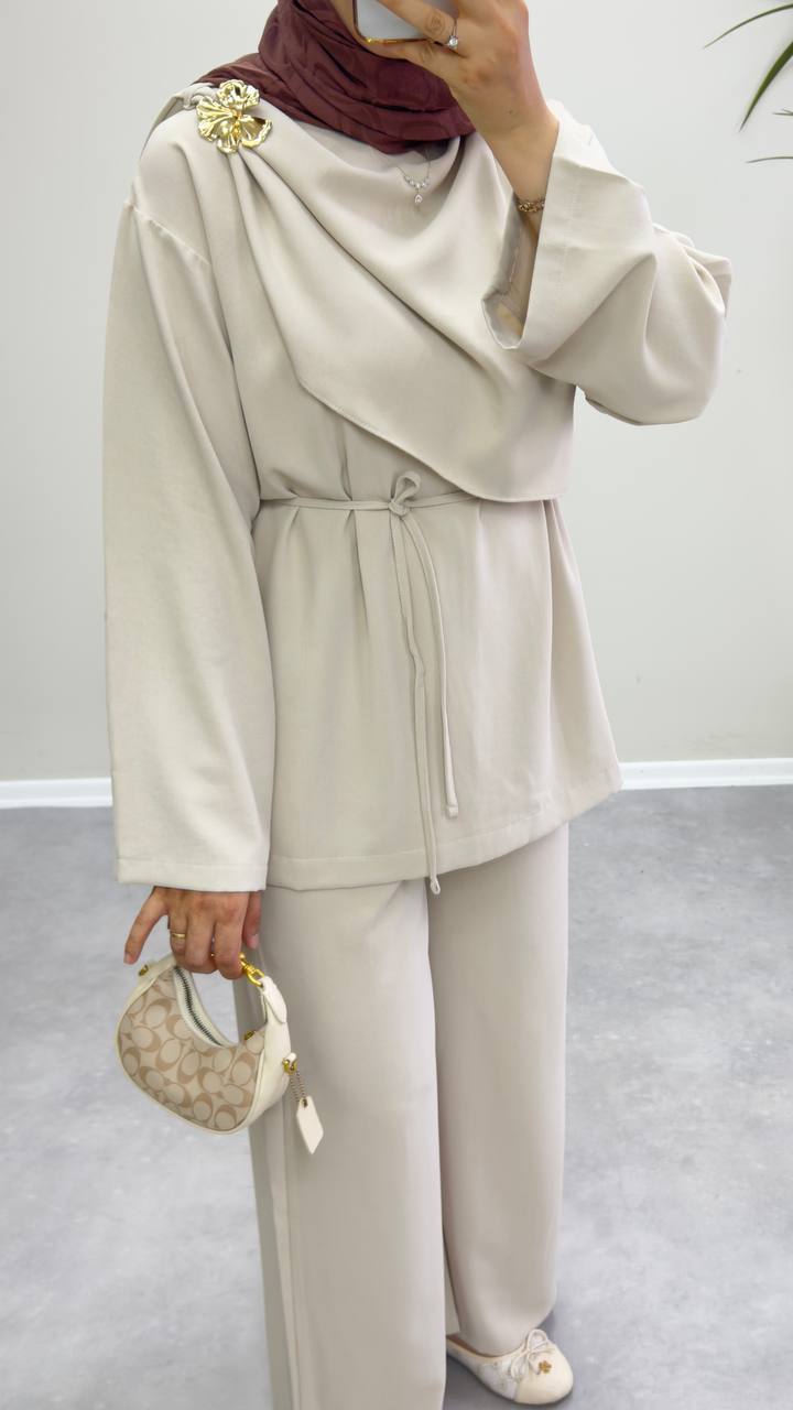 2387 - Şal Yaka Pantolon Takım -Bej