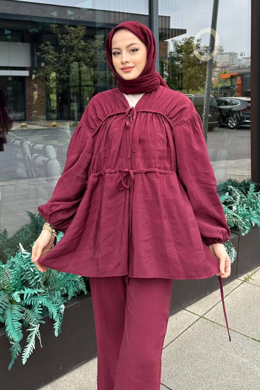 2028 - Tencel Bağlamalı Pantolon Takım - Bordo