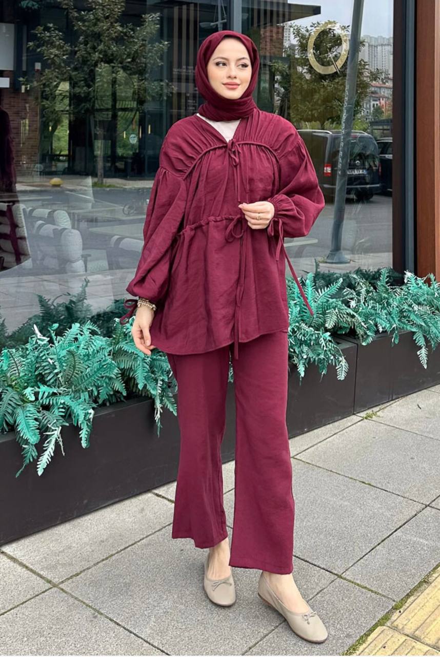 2028 - Tencel Bağlamalı Pantolon Takım - Bordo