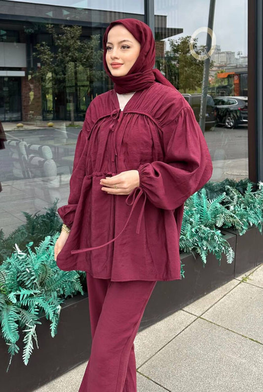 2028 - Tencel Bağlamalı Pantolon Takım - Bordo