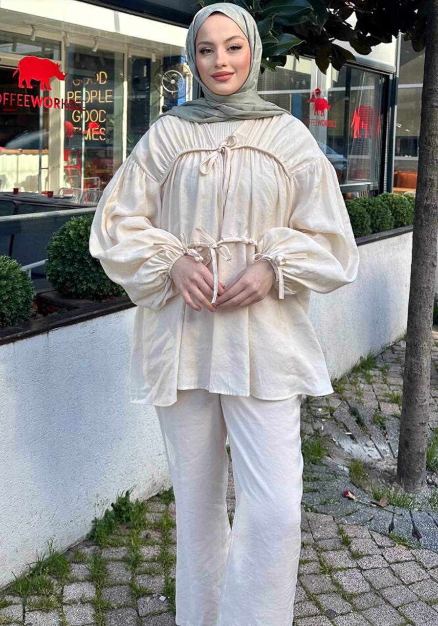 2028 - Tencel Bağlamalı Pantolon Takım - Bej