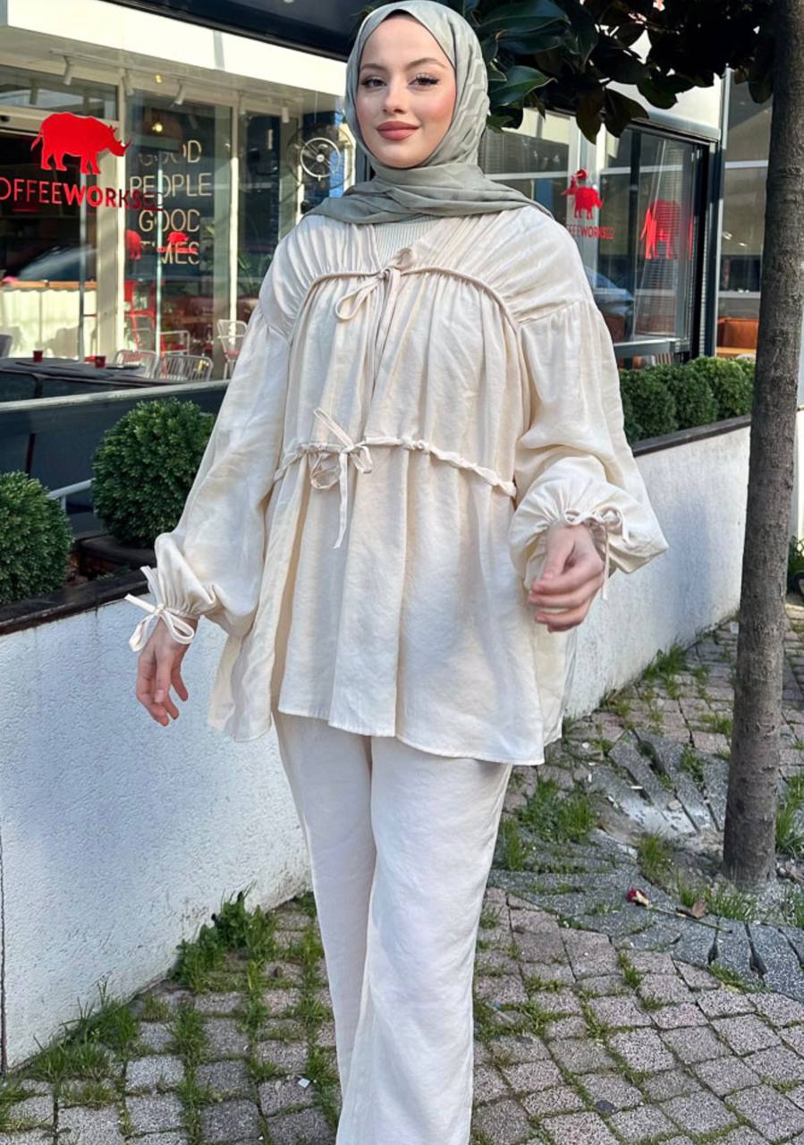 2028 - Tencel Bağlamalı Pantolon Takım - Bej