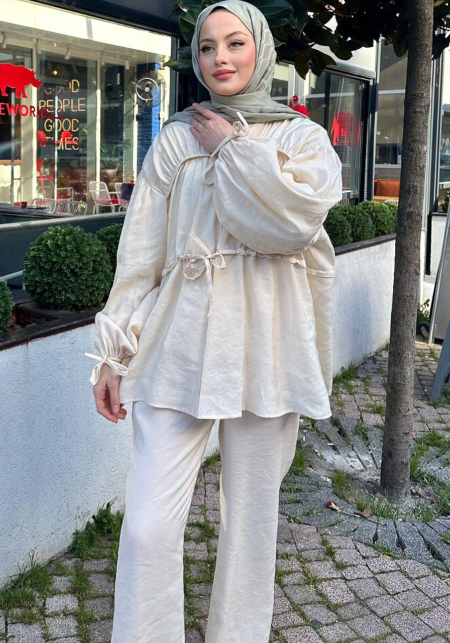 2028 - Tencel Bağlamalı Pantolon Takım - Bej