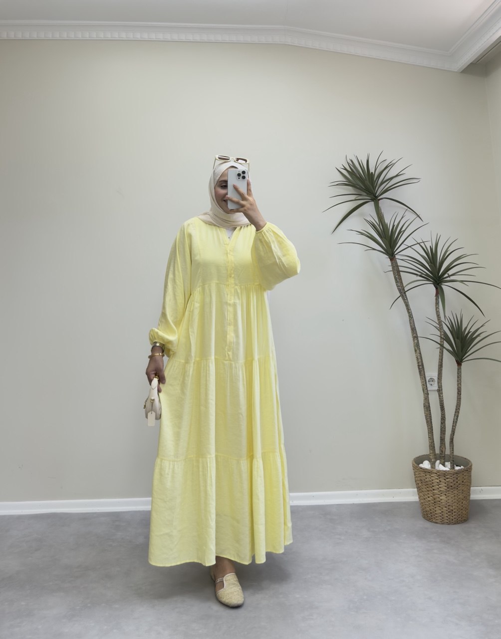 1878 - Düz Tencel Elbise - Sarı