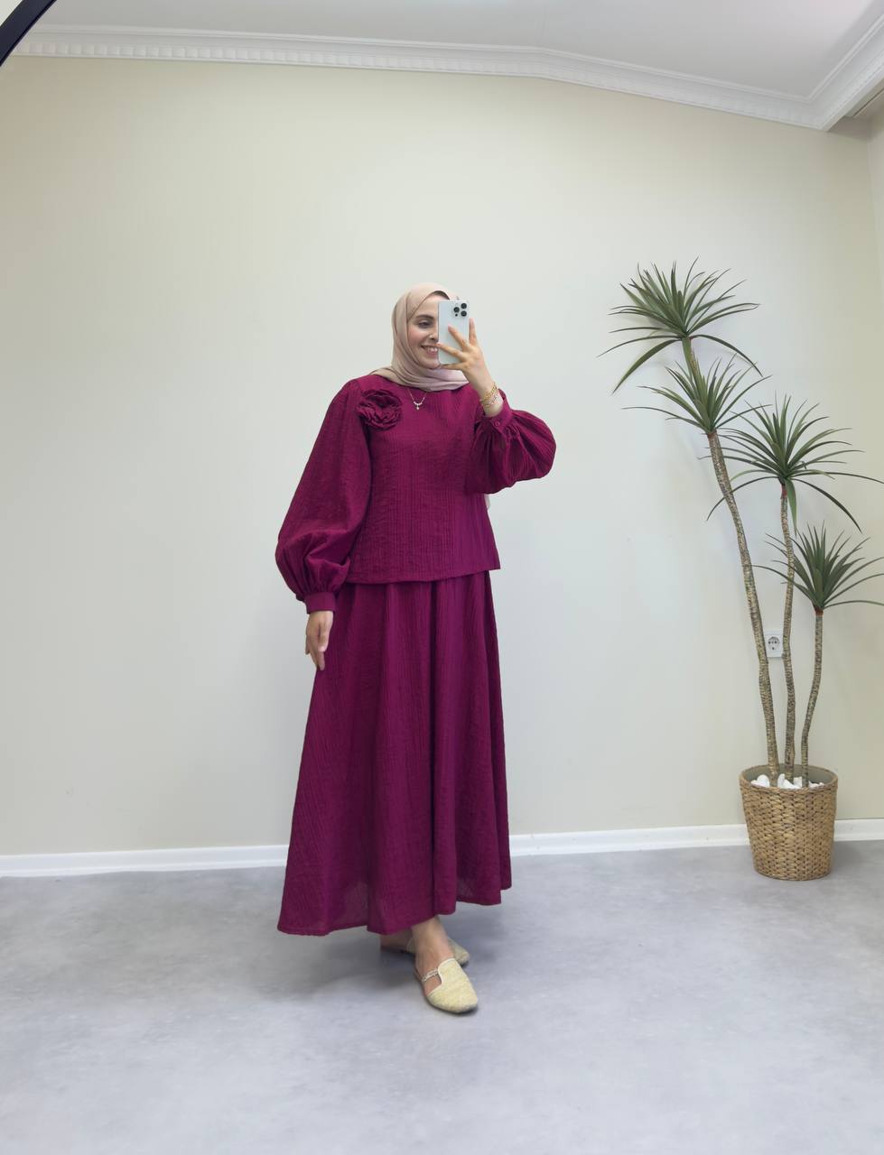2059 - Gül Broşlu Etek Takım - Bordo