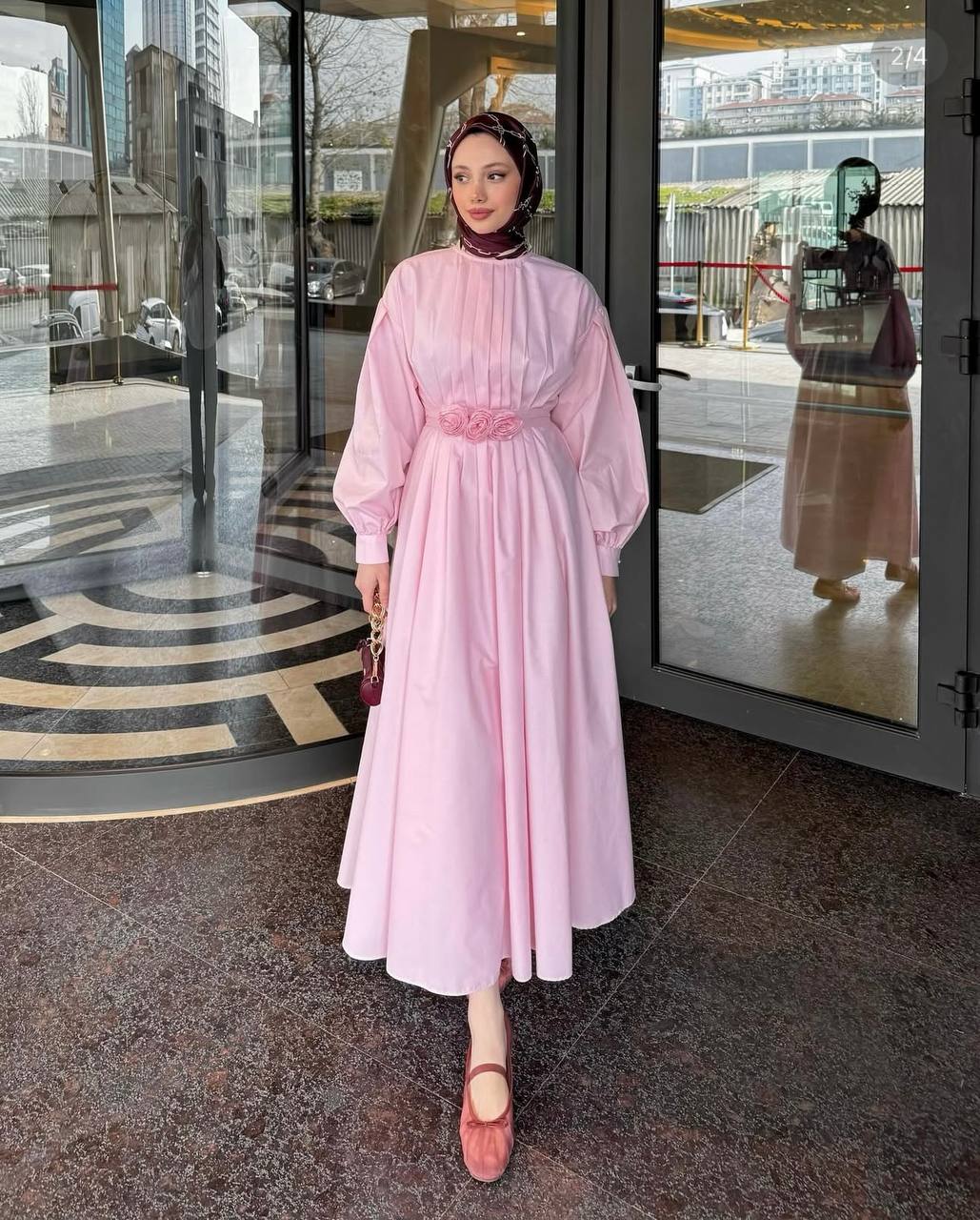 1533 - Çiçek Kemerli Elbise - Pembe