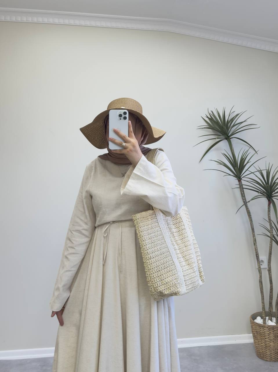 2073 - Kloş Keten Elbise - Bej